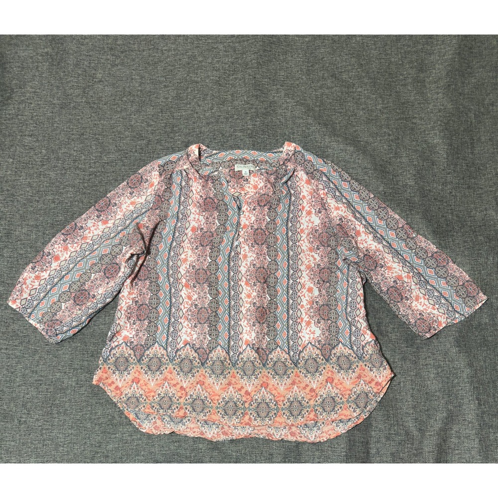 Kim Rogers Women's 1X Blouse Medallion Geometric Henley 3/4 Sleeve Multi-Color